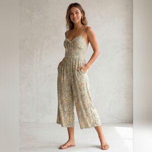 AUW Sage Floral Tie-Front Wide-Leg Jumpsuit with Spaghetti Straps